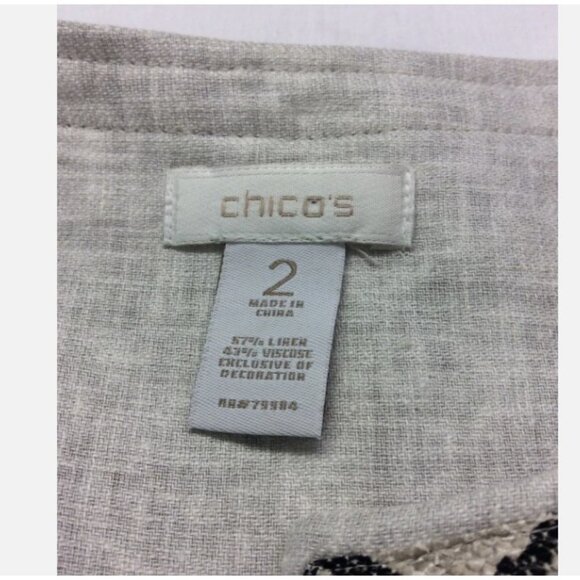 Chicos Linen Blend Jacket Womens Size 2 Neutral Snakeskin Trim Open Front - Picture 4 of 9
